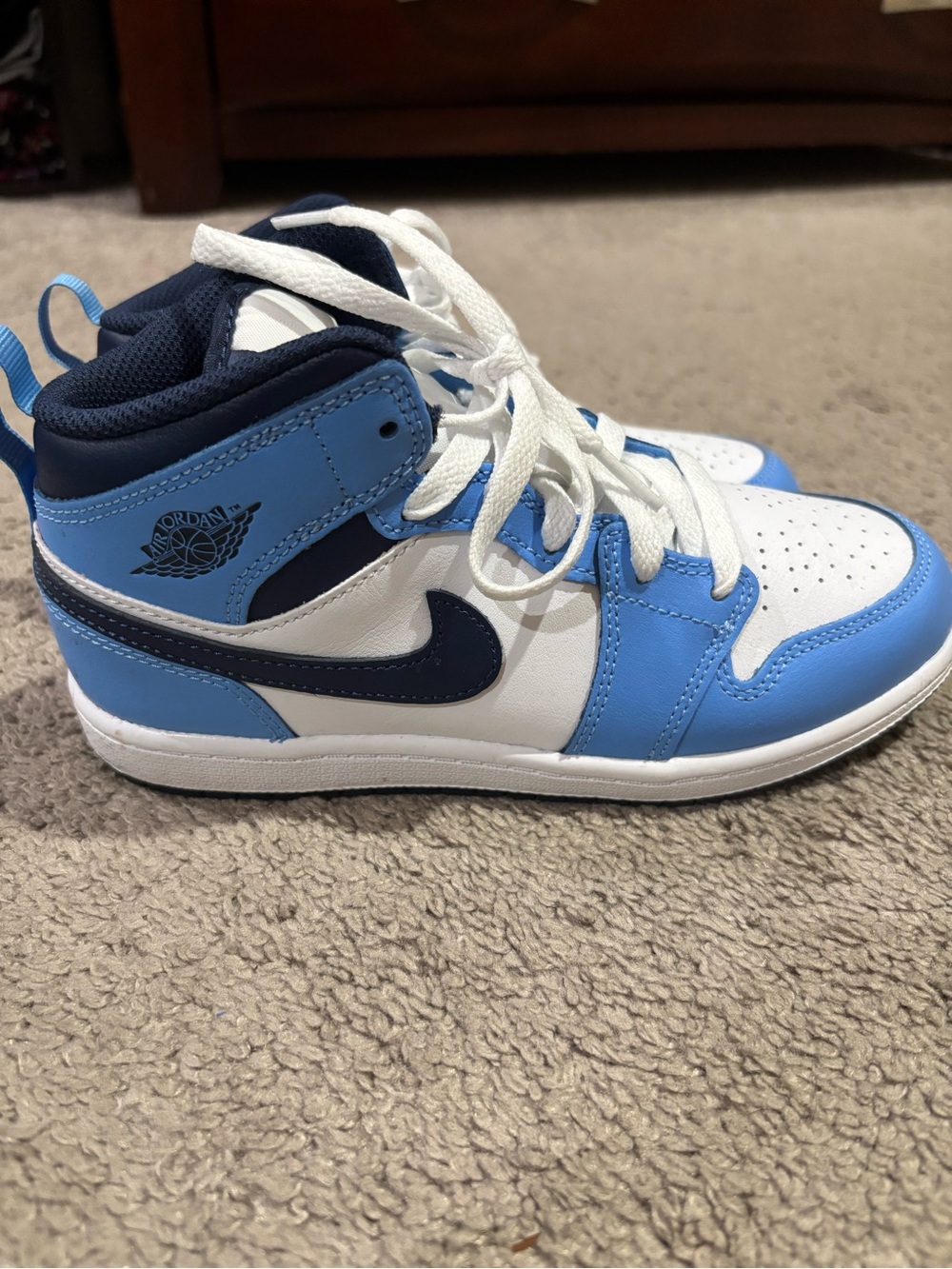 Jordan Kids' Mid-Top Sneakers in White and Light Blue with Navy Accents
